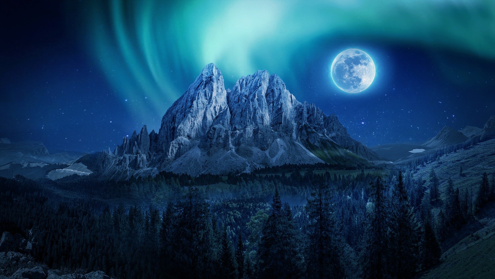 Aurora Borealis with moutain and moon