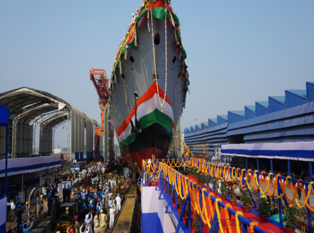 An image of the INS Himgiri decorated with flowers