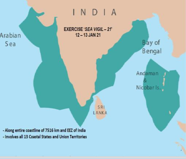 The image shows the extent of the exercise. Image from the Twitter of Indian Navy.