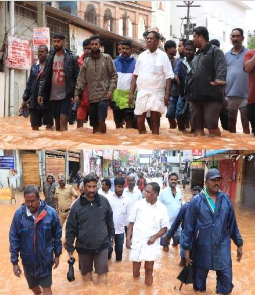 Puducherry CM inspecting flood waters in the UT on Feb 21 (Image: Twitter of puduchery CM’s Office)