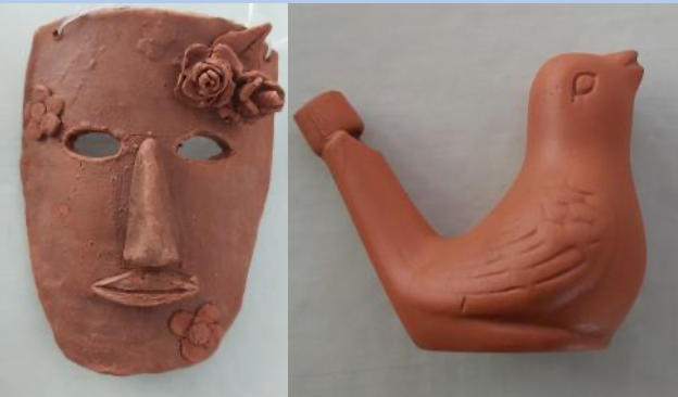 Terracotta Mask and bird shaped whistle