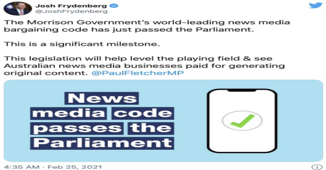 Australian Treasurer, Josh Frydenberg, announces the clearance of the Bill. Image Credit: Twitter@JoshFrydenberg