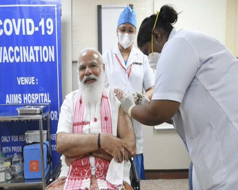 PM Modi getting vaccinated at AIIMS Image Credit: Twitter@narendramodi