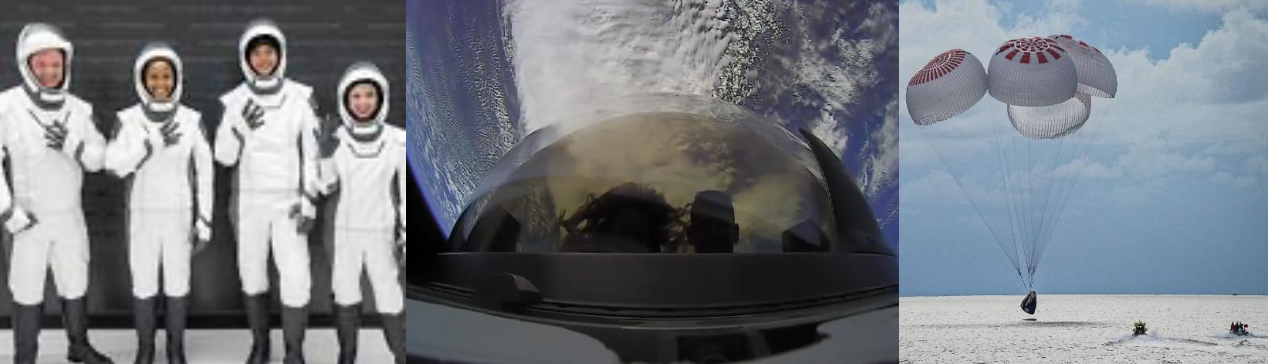 Inspiration4 crew, View of earth from the rocket, Crew’s water landing. Credits: @Inspiration4 on Twitter