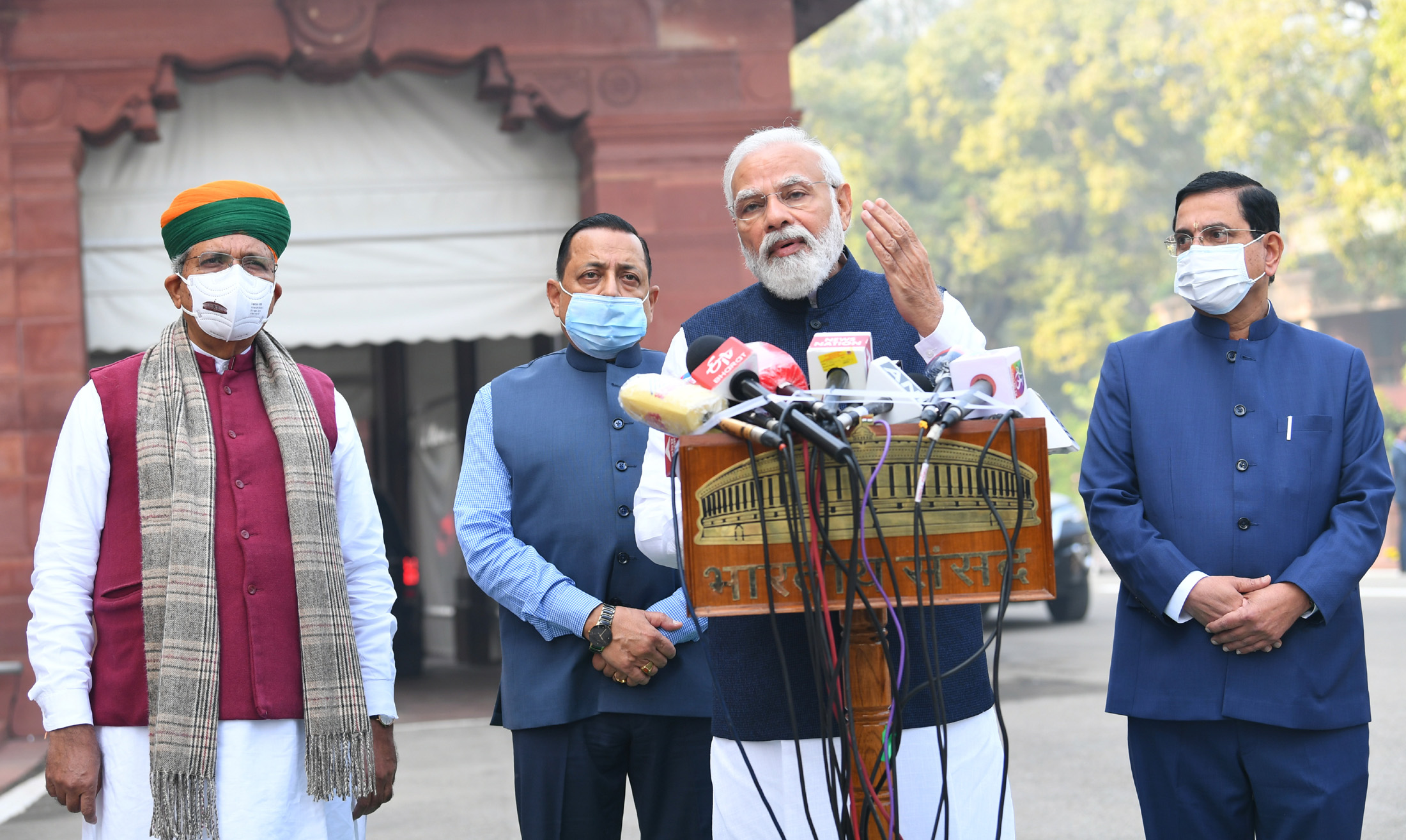 The Prime Minister, Shri Narendra Modi addressing the media ahead of the Parliament session, in New Delhi on November 29, 2021. The Union Minister for Parliamentary Affairs, Coal and Mines, Shri Pralhad Joshi, the Minister of State for Science & Technology and Earth Sciences (I/C), Prime Ministers Office, Personnel, Public Grievances & Pensions, Atomic Energy and Space, Dr. Jitendra Singh and the Minister of State for Parliamentary Affairs and Culture, Shri Arjun Ram Meghwal are also seen.